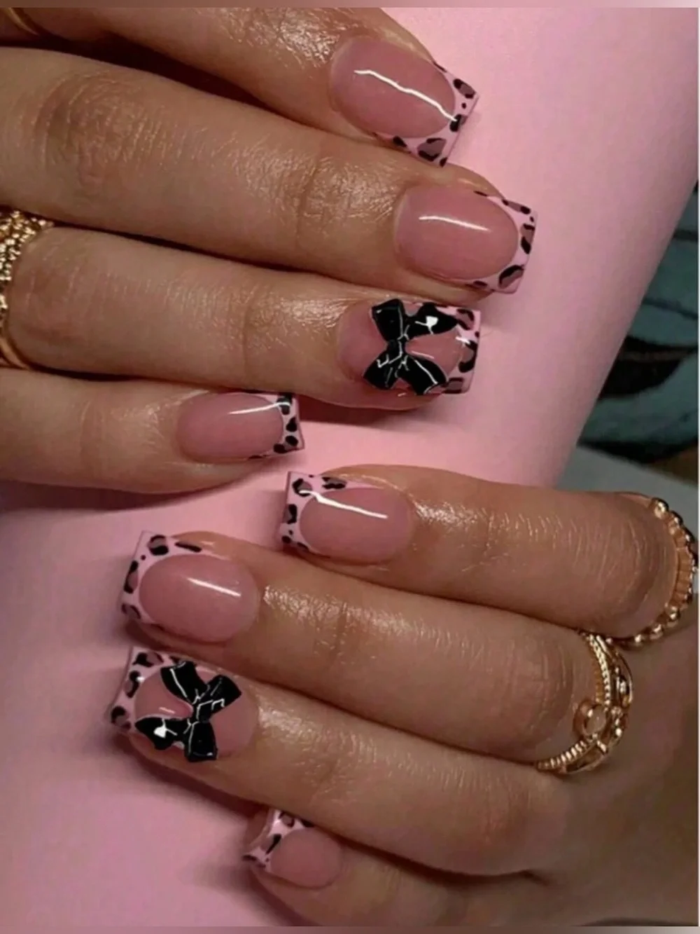 10pc Medium Pink Leopard French Tip Press-On Nails with Black Bow Accent